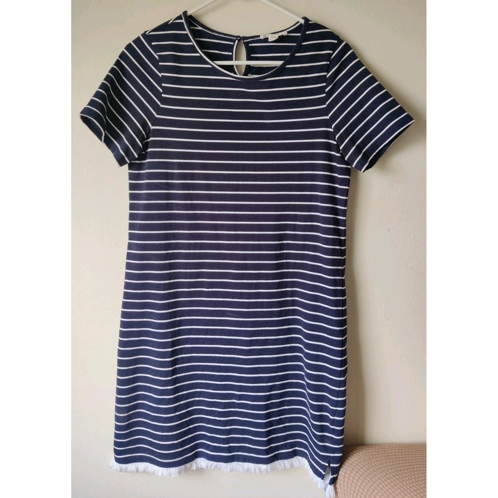 Beachlunchlounge Short Sleeve Navy/White Stripe Dress Fringe Trim Size Medium‎